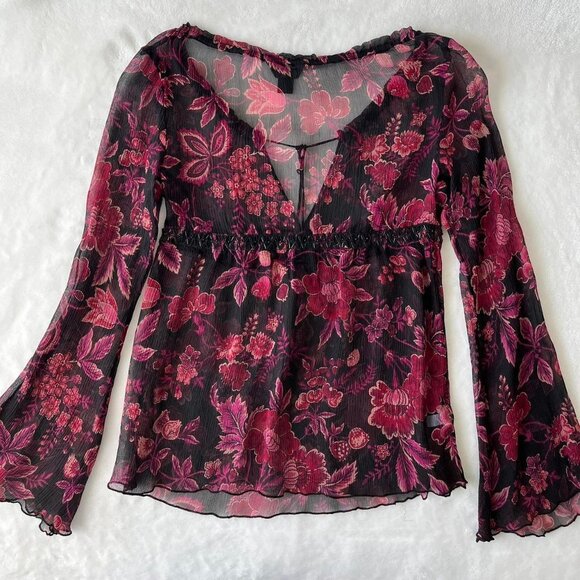 Express Tops - Express Women's Black Burgundy Floral Sheer Beaded Long Bell Sleeve Sz LargeTop